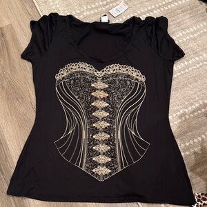 Torrid Black Short Sleeve Tee with Gold Corset Design